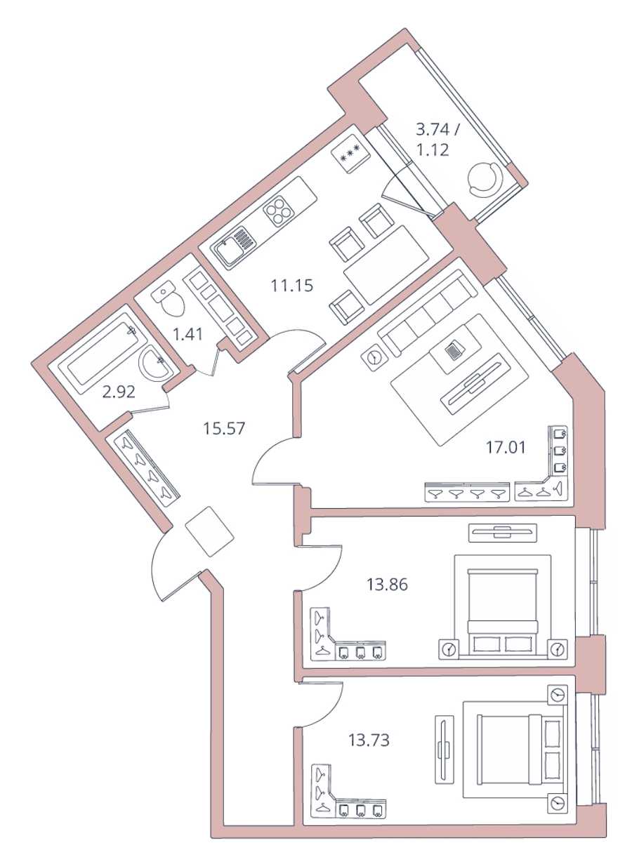 Трехкомнатная квартира в : площадь 76.77 м2 , этаж: 13 – купить в Санкт-Петербурге